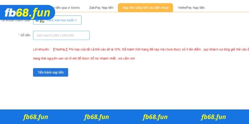 Nạp tiền Fb68 đơn giản và chi tiết