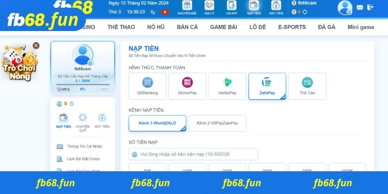 Những hình thức nạp tiền Fb68